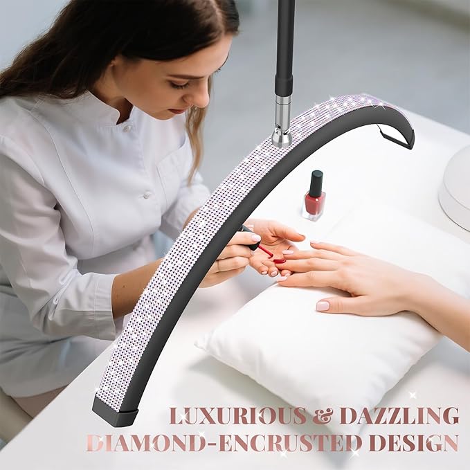 Bling Lash Light for Eyelash Tech, Flexible Neck Led Half Moon Light Floor Lamp for Eyelash Extensions/Tattoo Artists/Estheticians, Sparkly Lash Lights, with Stand Tray, Crystal Diamond