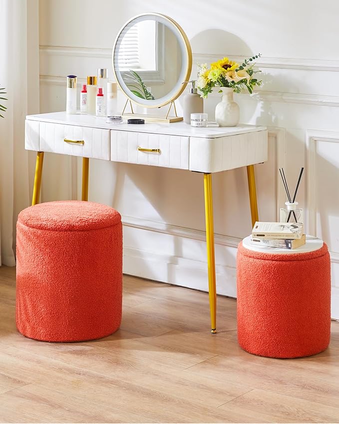 IBUYKE Storage Ottoman Set of 2 Round Ottoman Fleece Vanity Stool with Storage Velvet Footrest Stool End Table Boucle Ottoman for Home Organization UWBD015J
