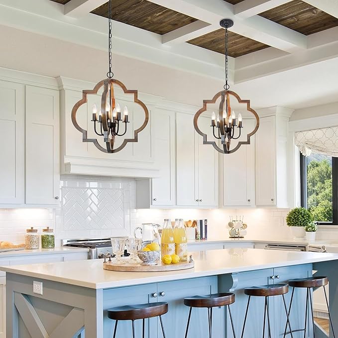 21.65'' Farmhouse Wood Chandelier, 6-Light Rustic Dining Room Light Fixture, Orb Chandelier Light Adjustable Height, Wood Pendant Lighting for Kitchen Island Foyer Living Room Hallway