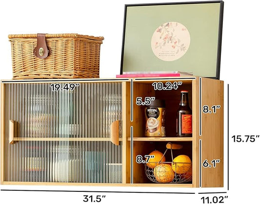 HollyHOME Bamboo Wall Mounted Kitchen Pantry Sideboard with 2 Doors and Adjustable Shelves, Freestanding Wall Storage Cabinet with Shelf for Bottle, Dish, Bowl, Console Dining Cupboard, Burlywood