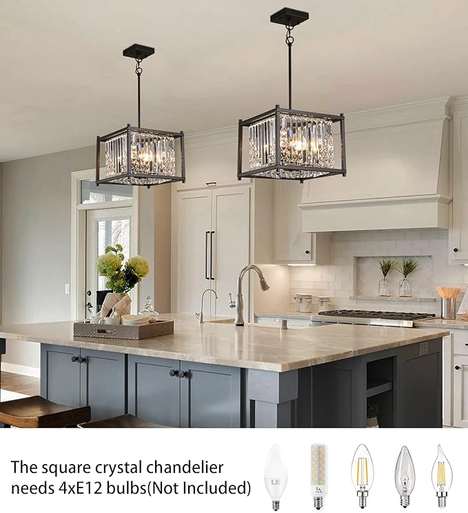 Q&S Modern Chandelier,Farmhouse Industrial Black Square Crystal Chandeliers 4 Lights Hanging Pendant Light Fixture for Dining Room Hallway Entryway Kitchen Island UL Listed