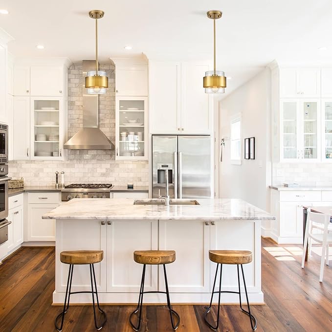CLAXY Gold Pendant Light Mini Hanging Kitchen Pendant Lighting with Clear Cyliner Shade for Kitchen Sink Dining Bathroom, Adjustable Hanging Rods