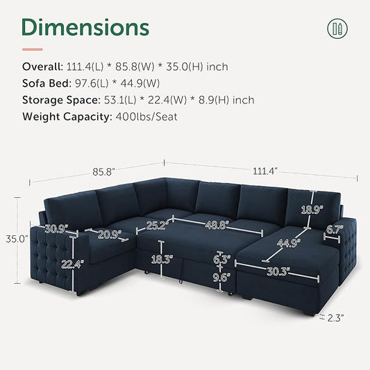 HONBAY Sectional Sleeper Sofa with Pull Out Bed U-Shape Sectional Couch Sleeper Bed with Storage Chaise Lounge Living Room 6 Seater Sectional Sofa,Velvet Dark Blue