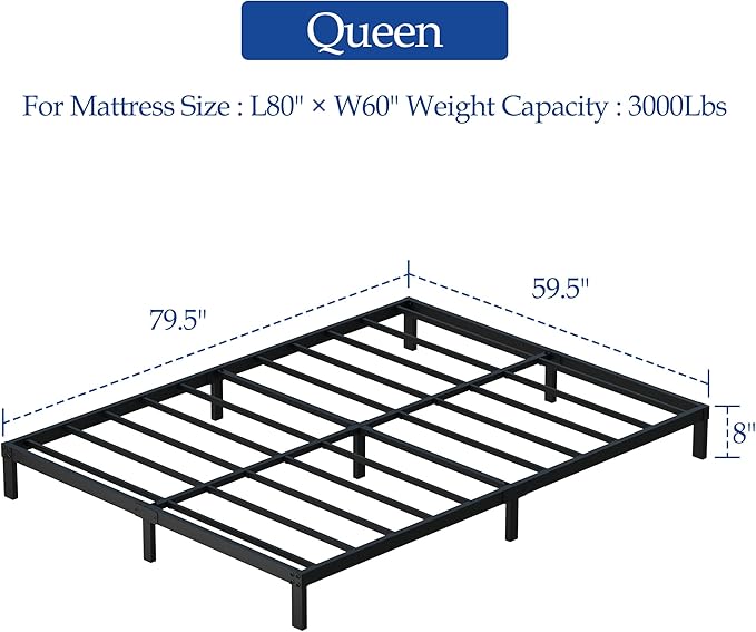8 Inch Queen Bed Frame, Heavy Duty Metal Platform Bed Frame No Box Spring Needed, Noise Free, Easy Assembly, Black