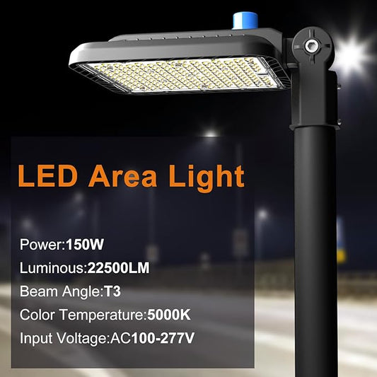 Acohook150W Led Parking Lot Lights Outdoor Commercial Area Street Lighting 5000K 22500LM Eqv.600W HPS Smart Photocell Slipfitter Mount Pole Lights -2Pack