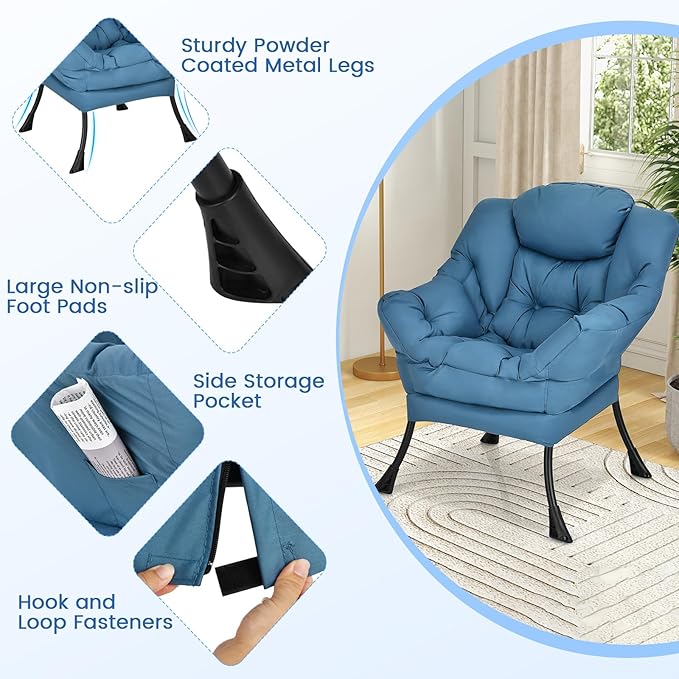 KOMFOTT Modern Accent Chair Set of 2, Soft Upholstered Lazy Sofa with Side Pocket & Armrests, Single Sofa Armchair, Leisure Sofa Chair for Living Room, Bedroom, Navy
