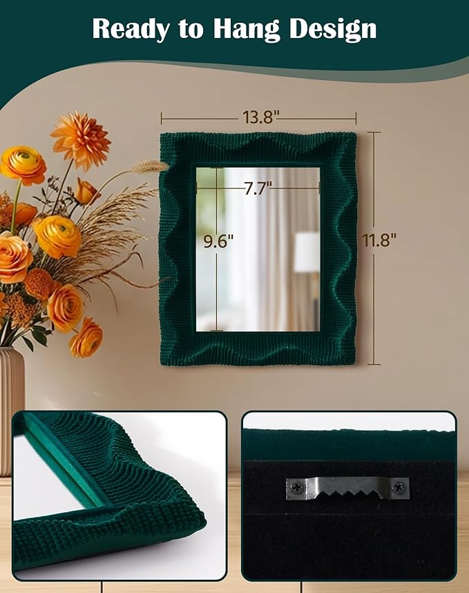 Green Wavy Mirror for Living Room Wall Decor, 14x12 Flocking Hallway Accent Mirror for Bathroom Dining Room Hotel Coffee Book Shop, Aesthetic Room Stylers (Emerald Green)