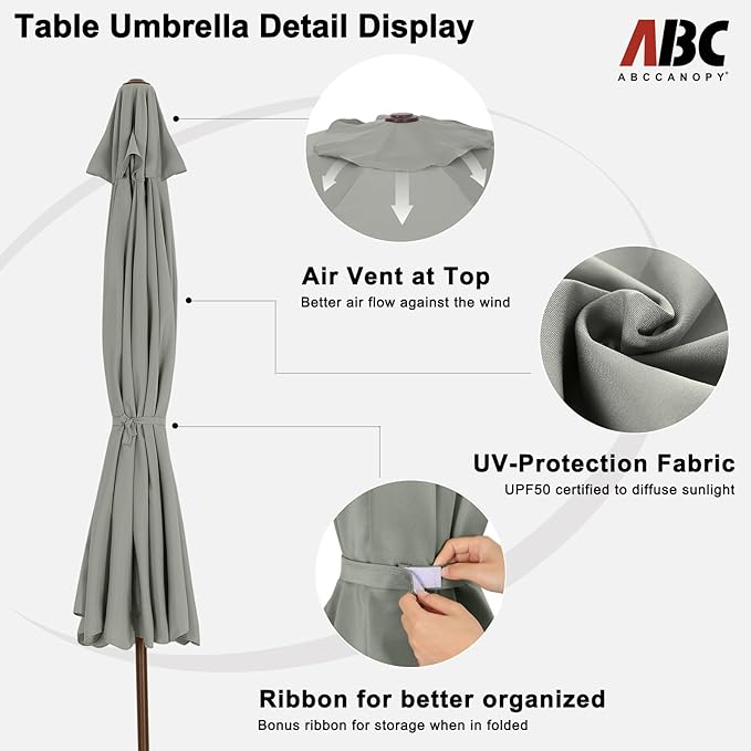 ABCCANOPY 9ft Scalloped Patio Umbrella, Outdoor Table Umbrella with Tilt and Crank, Fiberglass Ribs Deck Umbrella for Patio, Pool, Garden, Picnic (Light Gray)