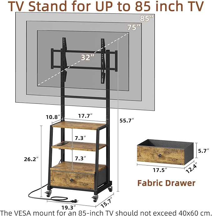 Rolling TV Stand with Wheels and Mount & Fabric Drawer for 32-75" TV - Entertainment Center with Power Outlet and Small TV Stand for Bedroom, Living Room - 18" Rustic Brown (VESA 600mm × 400mm)