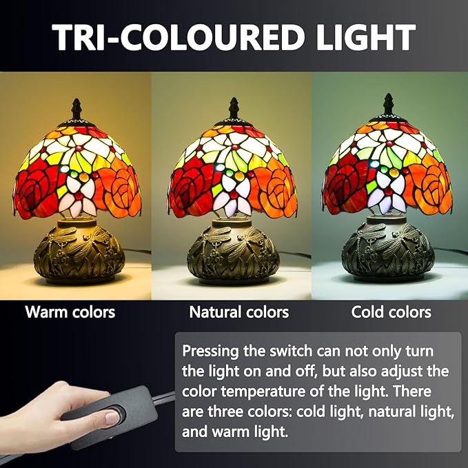 Small Tiffany Table Lamp,Stained Glass Lamp,8 Inch Mushroom Style Mini Vintage Desk Lights for Bedside, Bedroom,Nightstand,Living Room,3 Color Temperature (Tow Tone Rose)