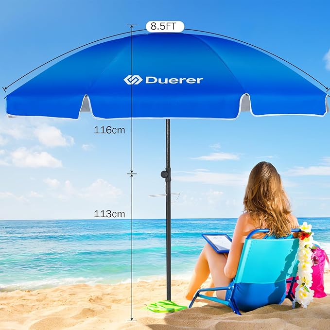 Duerer Beach Umbrellas, 7.5FT Beach Umbrella for Sand with Anchor Heavy Duty Windproof, Height Adjustable Tilt Iron Pole, Portable Beach Umbrella with Carrying Bag for Beach, Patio Garden Outdoor