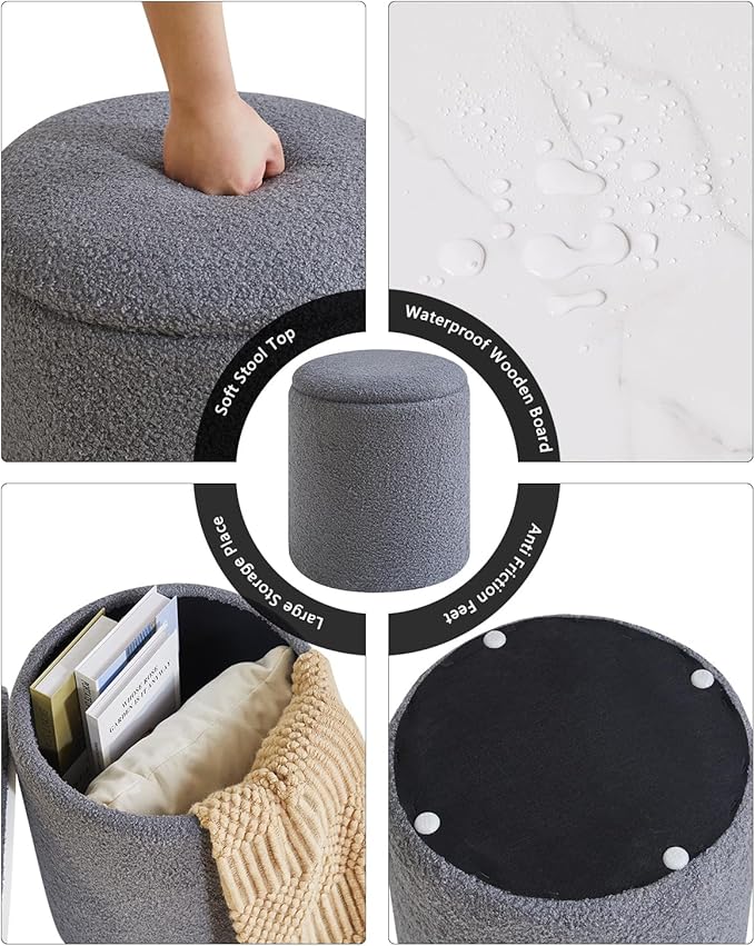 IBUYKE Storage Ottoman Set of 2 Round Ottoman Fleece Vanity Stool with Storage Velvet Footrest Stool End Table Boucle Ottoman for Home Organization Gray UWBD015G