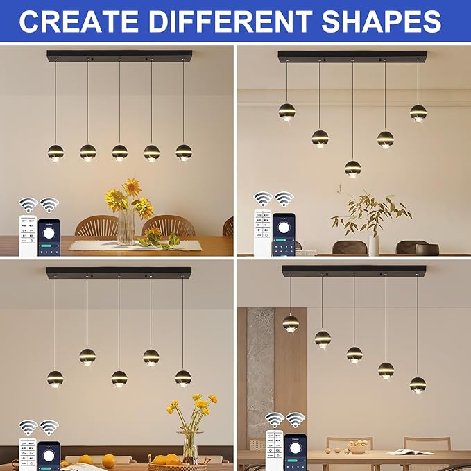 Modern LED Pendant Lights, Dimmable 36in Crystal Globe LED Chandelier Lighting, Black & Gold Dining Room Hanging Light Fixtures Kitchen Island Linear Pendant Light for Dining Table (3500lm)