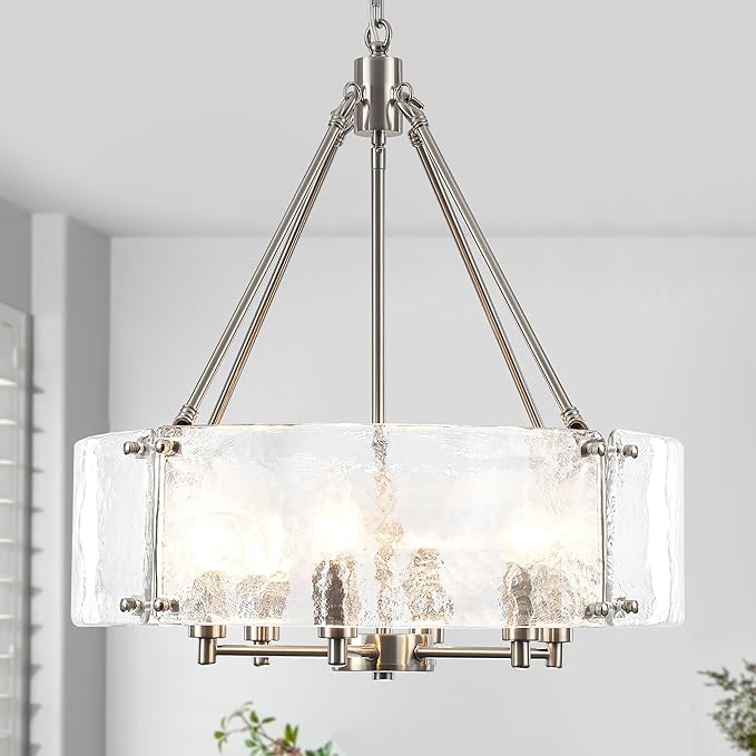 Modern Brushed Nickel Glass Chandelier for Dining Room,19.69 inch Textured Crystal Drum Farmhouse Chandelier Light Fixture for Dining Room Kitchen Island Living Room Bedroom Foyer