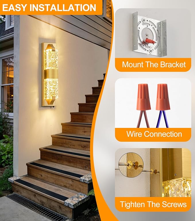 Dusk to Dawn Outdoor Lighting 2Pcs 18.8" Modern Ripple Crystal Porch Lights Outdoor, Waterproof IP65 Hardwired Wall-Mounted Exterior Light for House Entryway, Patio, Doorway (Gold)