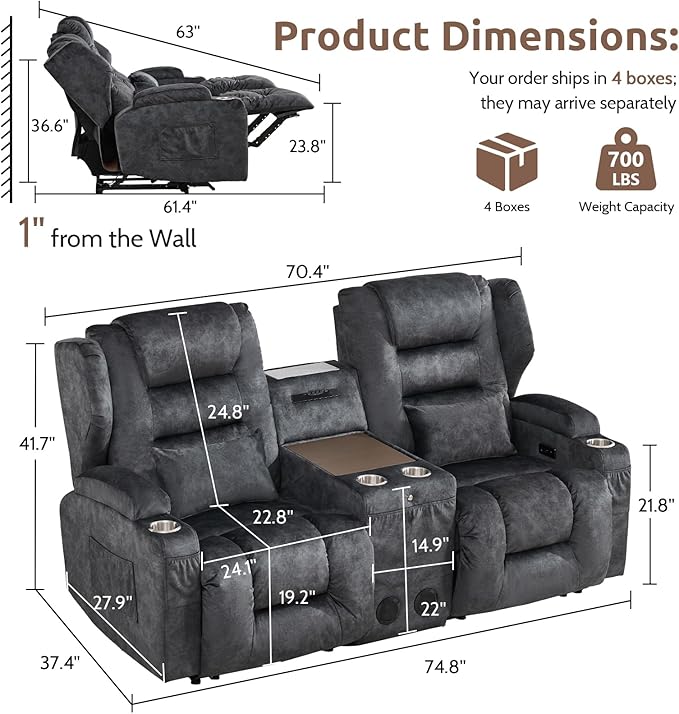 SAMERY Loveseat Recliner Sofa, Power Reclining Loveseat Sofa, Wall Hugger Recliners RV Couch with Console, Lift-Top Table, Rhythm & Ambient LED Lights, USB-C, Outlets, Velvet, Gray | Extra Wide Seat, Plush Padding, Dual Power Recline, Lift-Up Table, Am...