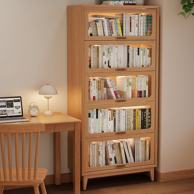 70''H Solid Wood Bookcase with 5 Shelves and Tempered Glass Flip-Up Doors, Bookshelves Finish Cube Storage Organizer, Versatile Bookshelf Pantry Cabinet(Without Lights) Natural Wood