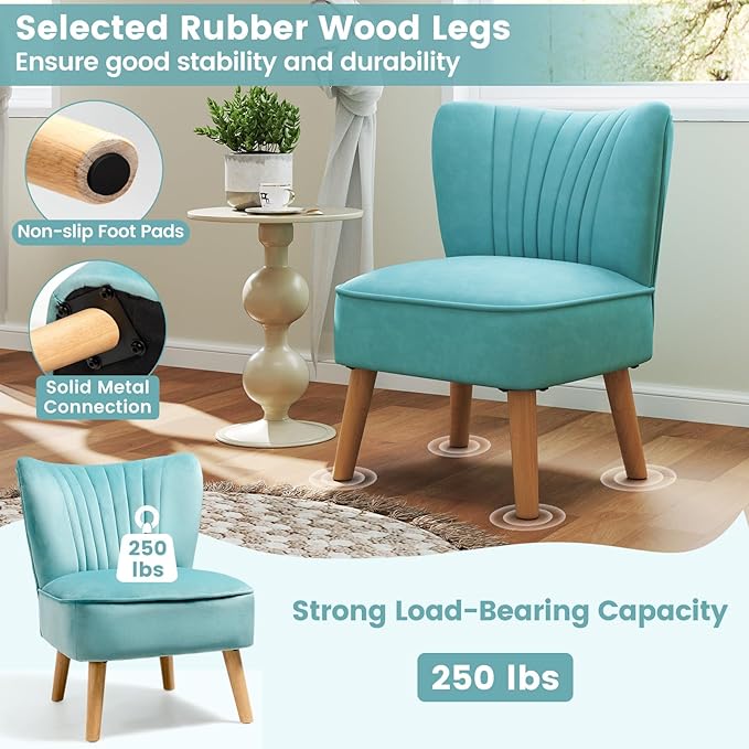 KOMFOTT Velvet Accent Chair Set of 2, Modern Armless Sofa Chair with Solid Rubber Wood Legs, Wingback Leisure Chair with Thick Cushion, Upholstered Side Chair for Living Room, Bedroom, Turquoise