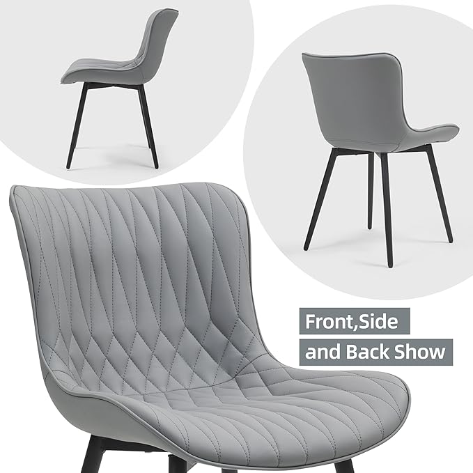 Finnhomy Dining Chairs Set of 2, Mid-Century Modern Upholstered Dining Chairs, Armless Faux Leather Accent Chairs with Backrest, Living Dining Room Chairs with Metal Legs for Dining Room, Light Grey