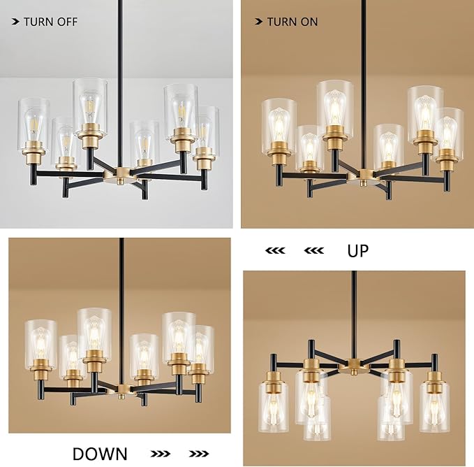 6-Light Modern Chandeliers, Black and Gold Chandelier Light Fixture with Clear Glass Shades, Hanging Pendant Lighting for Dining Room, Living Room, Kitchen, Staircase, Entryway