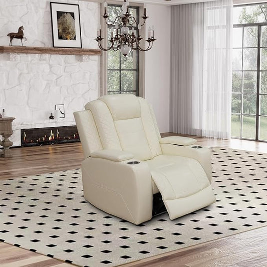 Power Recliner for Living Room, Air Leather Reclining Chair with LED/Storage, 1-Seater Reclining Furniture, Creamy White Leather Couch for House/Apartment/Office