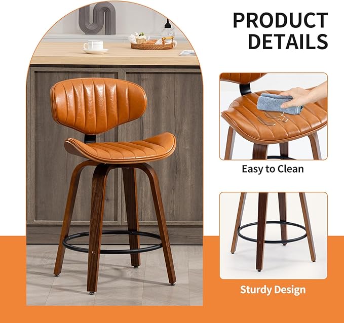 Swivel Bar Stools Set of 3, 24 inch PU Leather Wooden Bentwood Barstools Counter Height Modern Breakfast Bar Chairs with Backrest and Footrest for Kitchen Island, Dining Room D035-Brown-3