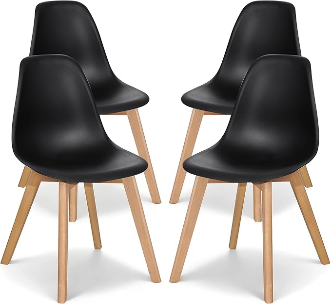 VECELO Dining Chairs Set of 4, Mid-Century Modern Kitchen & Dining Room Chairs, Molded Plastic Seat & Back, Solid Wood Legs, Armless, Non-Slip Feet, Black