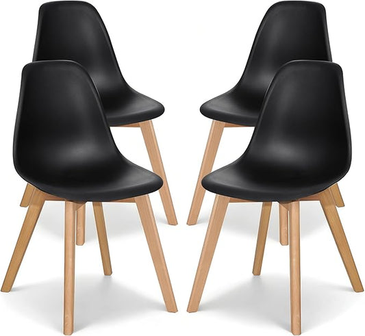VECELO Dining Chairs Set of 4, Mid-Century Modern Kitchen & Dining Room Chairs, Molded Plastic Seat & Back, Solid Wood Legs, Armless, Non-Slip Feet, Black