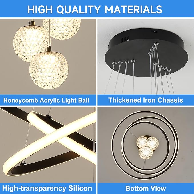 LED Modern 3 Ring Chandeliers for Dining Room, 24in Dimmable Kitchen Pendant Lamp, Black Dining Room Light Fixtures Ceiling Hanging Over Table, Globe Round Chandeliers for Living Room Bedroom