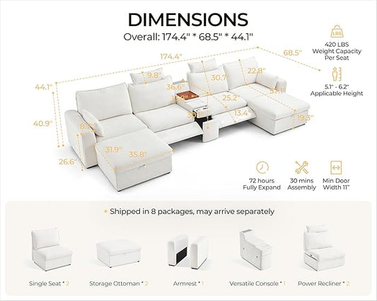 174.4'' Oversized Modular Power Recliner Sofa with Headrest, Deep Cloud Couch with Table, Charging Cup Holders, Convertible U-Shaped 6-Seater Sectional with 2 Storage Ottomans, Chenille, White