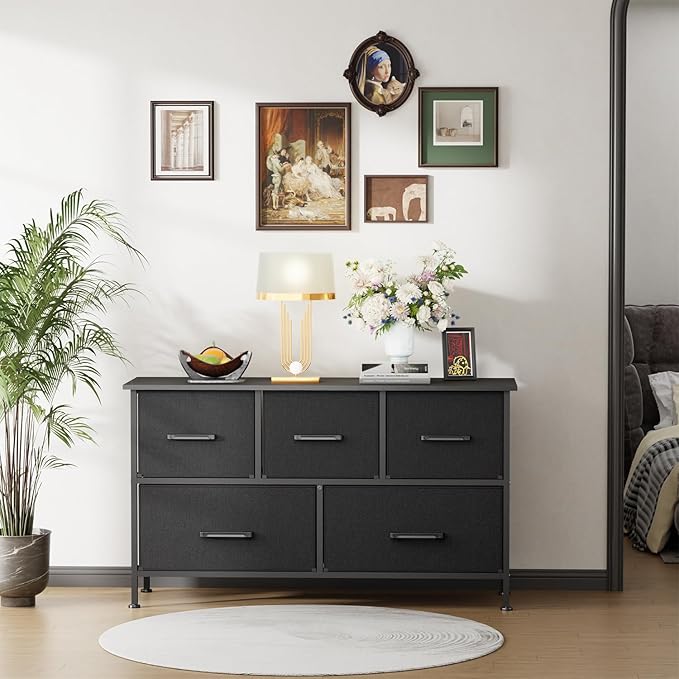 FDW 5 Fabric Drawers Dresser for Bedroom,Chest Organizer Units with Steel Frame and Wooden Top for Bedroom,Closet,Living Room, Entryway,Black