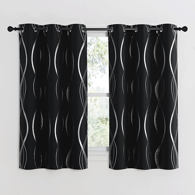 NICETOWN Black Out Curtains 54 inches Long for Small Window, 2 Panels, 42 inches Wide, Foil Printed Wave Lines Thermal Insulated Blackout Drapes for Bedroom Kitchen Loft Cafe