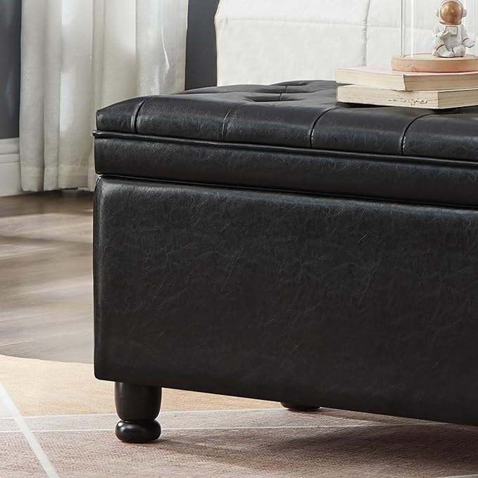 Upholstered Ottoman with Storage,Entryway Bench with Tufted Buttons and Spindle Wooden Legs for Living Room,Bedroom,Black PU