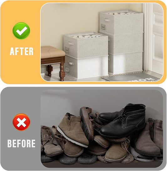 FHSQX 4 Pack Shoe Organizer for Closet,Foldable Shoe Organizer,Fits up to 48 Pairs,Storage Containers With Bottom Support for Shoes (Light Grey, (16.5 * 12.6 * 9.5) x4)