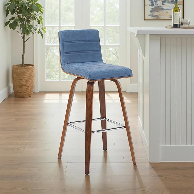 Vienna Modern Swivel Bar Height Stool with Vintage Blue Upholstered Seat and Walnut Finished Wood Frame Set of 4