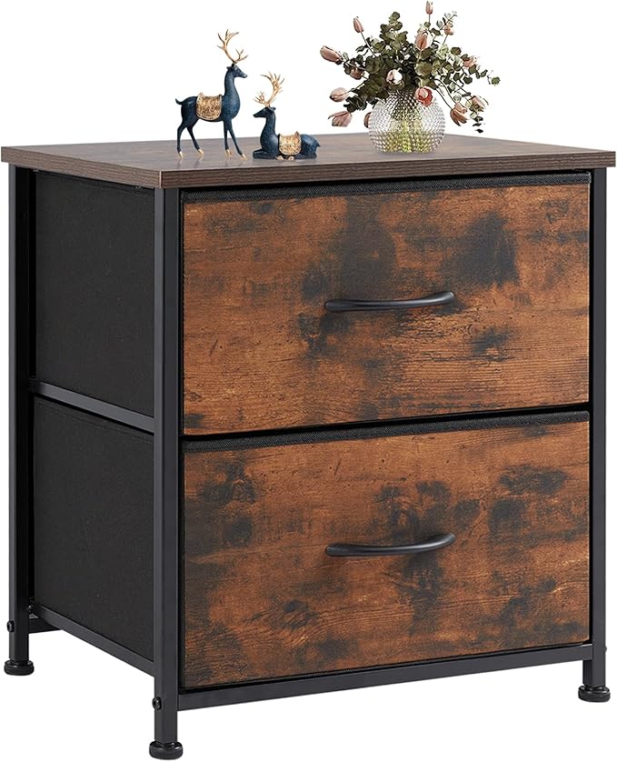 NEWBULIG Nightstand with 2 Fabric Drawers Small Dresser 25 Inch Tall Bedside Table End Table Storage Furniture for Bedroom Closet Entryway College Dorm Brown