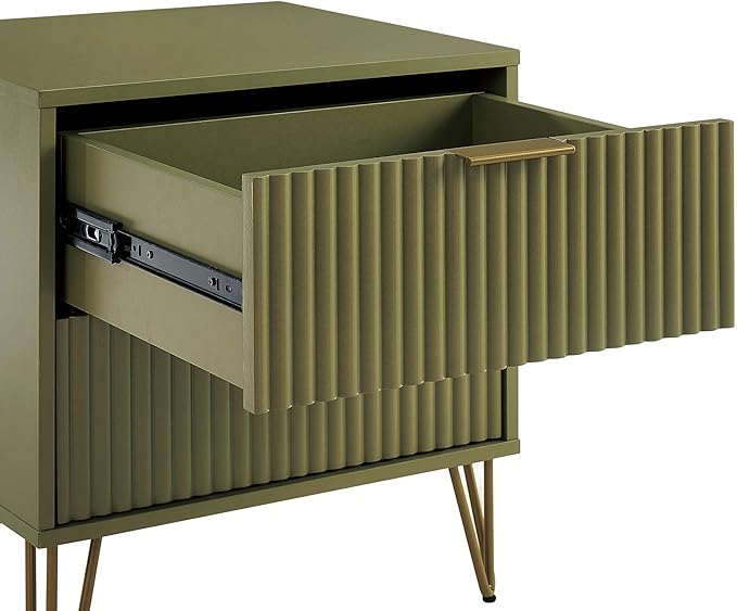 Manhattan Comfort Dumbo Modern Nightstand 2.0 with 2 Drawer and Metal Feet | Splayed Gold Legs | Vertical Ribbed Design | No Tool Assembly Storage for Bedroom, Set of 2, Set of 2, Olive Green
