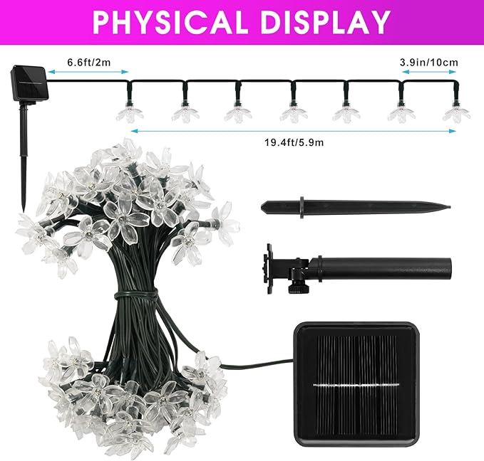2 Pack Total 52FT 120 LED Solar String Lights Outdoor Waterproof Flower Fairy Lights for Garden Fence Patio Yard Christmas Tree Lawn Wedding Party Decor, Pink