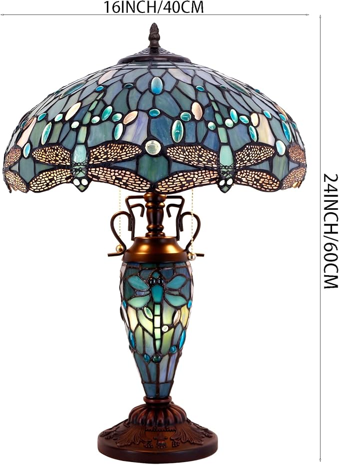 WERFACTORY Tiffany Table Lamp Sea Blue Stained Glass Dragonfly Style 16X16X24 Inches Mother-Daughter Vase Desk Reading Light Decor Bedroom Living Room Home Office S147 Series
