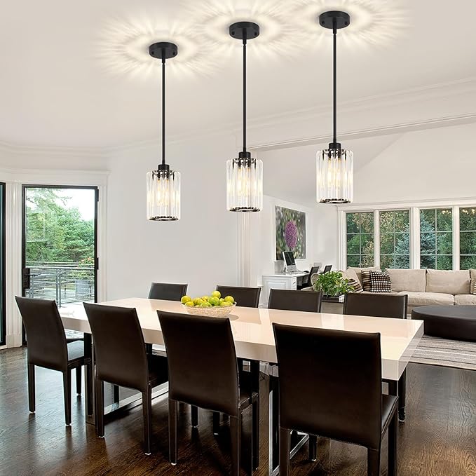 2 Pack Black Pendant Light, Modern Crystal Pendant Lights Kitchen Island Lighting, Hanging Light Fixtures Mini Chandelier Pendant Lights for Island Dining Room Hallway Bedroom