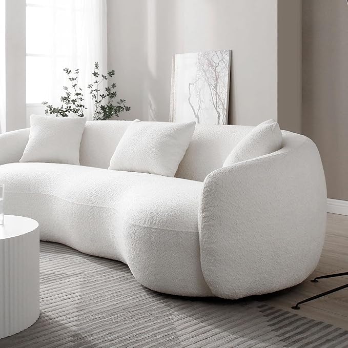 Modern Curved Sofa, 93.6" 4-Seater Boucle Cloud Couch with 3 Pillows, Comfy Upholstered Sofas for Living Room, Apartment, Office, Off-White