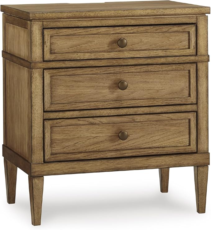 Signature Design by Ashley Sharlance Casual 3-Drawer Nightstand with Felt-Lined Top Drawer, Power Supply and USB Ports for Bedroom, Light Brown