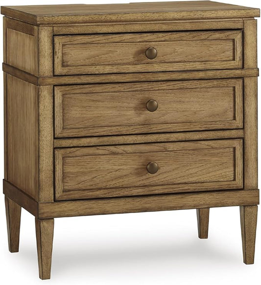Signature Design by Ashley Sharlance Casual 3-Drawer Nightstand with Felt-Lined Top Drawer, Power Supply and USB Ports for Bedroom, Light Brown