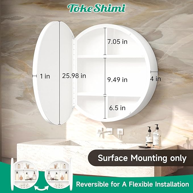 TokeShimi 26 Inch Round White Medicine Cabinet for Bathroom with Mirror Metal Framed Mirrored Bathroom Cabinet Surface Mount Only Removeable Shelves Modern Farmhouse Circle Vanity Mirror with Storage