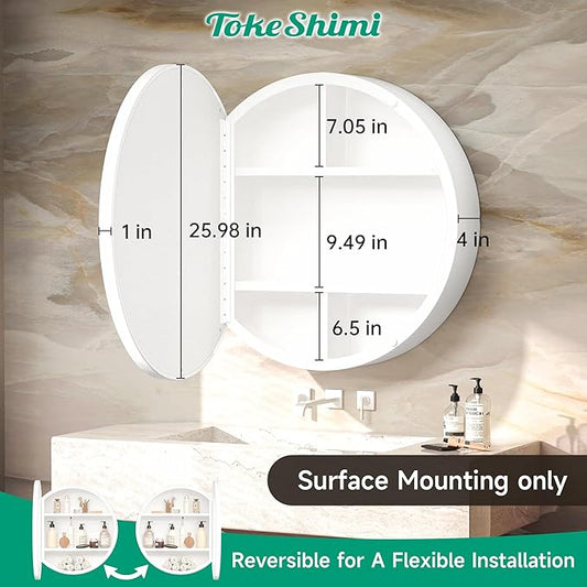 TokeShimi 26 Inch Round White Medicine Cabinet for Bathroom with Mirror Metal Framed Mirrored Bathroom Cabinet Surface Mount Only Removeable Shelves Modern Farmhouse Circle Vanity Mirror with Storage