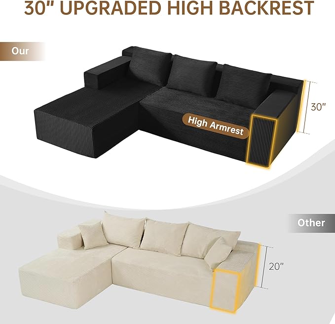 Nigoone 103" Sectional Couch for Living Room, Modular L Shaped Black Couches, Large Minimalist Modern Deep Seat Boneless Sofa, Corduroy, No Assembly | 16" Seat Height
