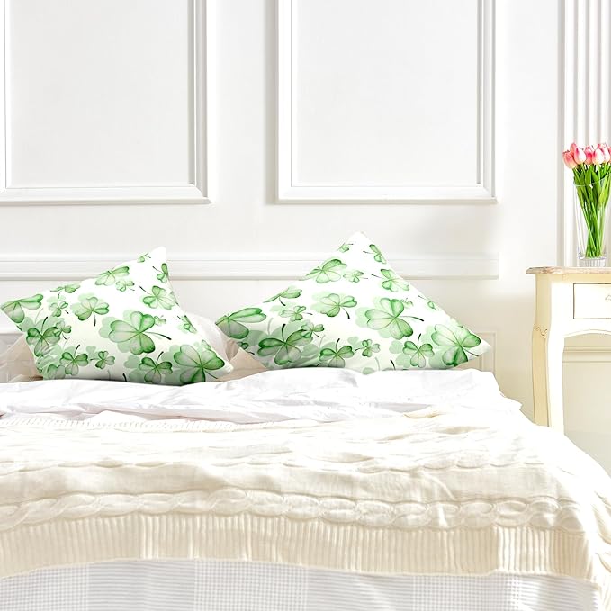 Spring Pillow Covers 20x20 Green Shamrock Pillows Cushion Cases Set of 2 Lucky Clover Decor Pillow Cases March Decorations for Indoor Living Room Couch