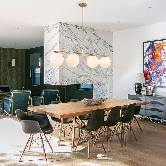 45.3" Modern Linear Chandelier 4-Lights Milk Glass Globe Linear Pendant Light Fixture Brushed Gold Mid Century Chandelier Kitchen Island Dining Room Light Fixture Over Table