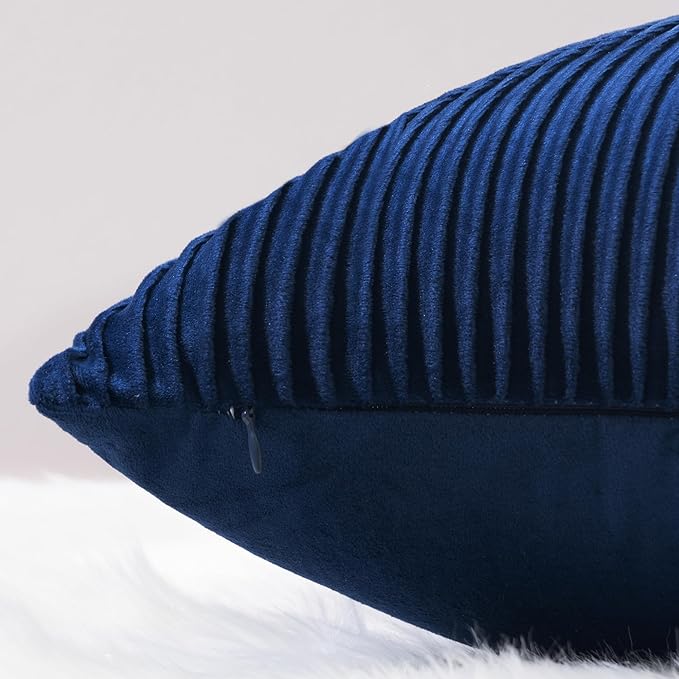YCOLL Navy Blue 12x20 Pillow Cover Set of 2 Velvet Striped Pattern - Soft Throw Pillows for Home Decor, Luxury Decorative Pillow Covers for Couch, Bed,Living Room