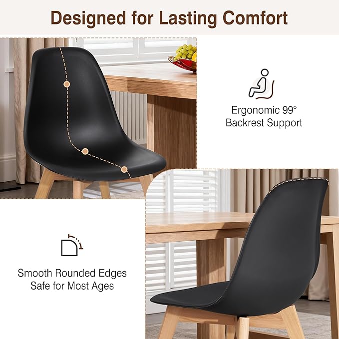 VECELO Dining Chairs Set of 4, Mid-Century Modern Kitchen & Dining Room Chairs, Molded Plastic Seat & Back, Solid Wood Legs, Armless, Non-Slip Feet, Black